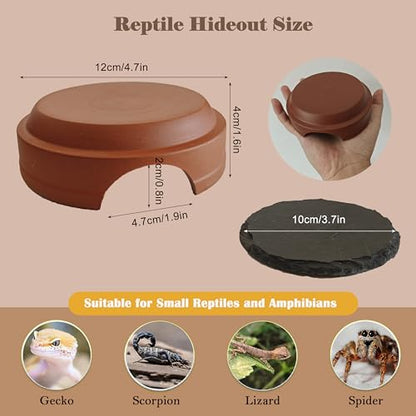 Ceramic Reptile Hide with Removable Slate Basking Platform, Humid Hide Cave for Leopard Gecko, Small Lizards, Snakes & Terrariums