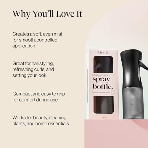 Kitsch Continuous Spray Bottle for Hair – Black, 150ml | Fine Mister Spray Bottle & Water Spray Bottle – Recycled Hair Spray Bottle – Spray Bottles for Cleaning, Styling, & More - color: Black