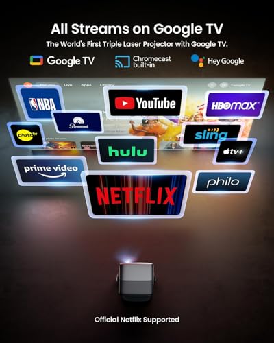 JMGO N1S Ultra 4K Triple Laser Projector , 2800 ISO Lumens, Google TV | 360° Sensorless Picture Correction, 300", HDR10, 20W Dolby Digital Plus, 3D-Active, Smart and Portable