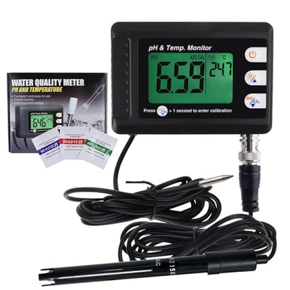 2 in1 pH Temperature Meter, Aquarium Thermometer pH Monitor with BNC Probe | Hydroponics, Aquariums, Pools, Labs, Drinking Water, Saltwater - Water Quality Tester pH Meter with ATC & Auto Calibration