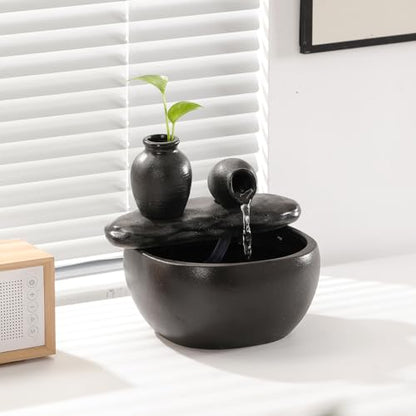 Ceramic Tabletop Fountain for Indoor and Home Decoration Table Desk Office Patio (Ceramic Pot Fountain) (Black)