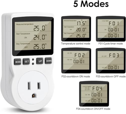 Diymore 1800W Plug in Thermostat Temperature Controller Electric Digital RV Thermostats Heating Cooling Control Mode Timer White 120V 15A Digital Temperature Controller Thermostat Timer LCD Display - color: Temperature Controller
