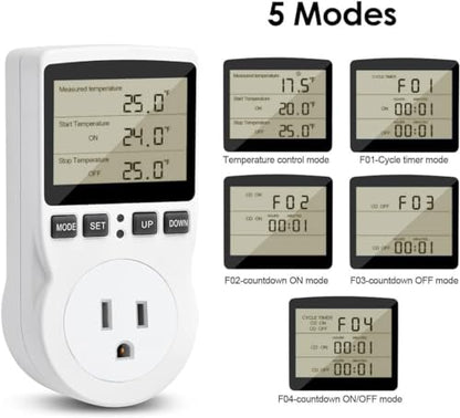 Diymore 1800W Plug in Thermostat Temperature Controller Electric Digital RV Thermostats Heating Cooling Control Mode Timer White 120V 15A Digital Temperature Controller Thermostat Timer LCD Display - color: Temperature Controller