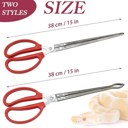 2 Pcs Snake Feeding Tongs 15 Inch Extra Long Stainless Steel Reptile Feeding Tongs, Curved Mouth & Straight Mouth for Ball Python, Fish Aquariums, Reptiles Snakes, Tank Accessories Terrarium Supplies
