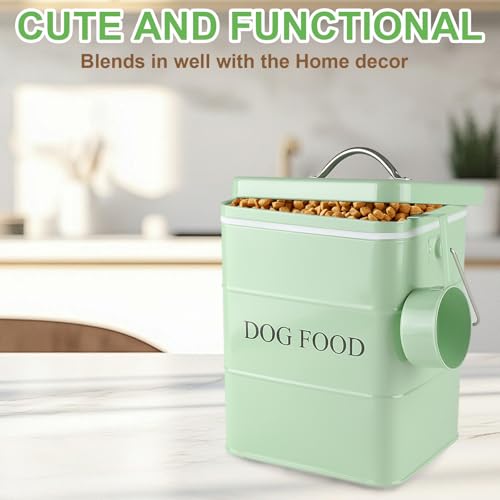 Metal Dog Food Storage Container 5~6Lbs Dog Treats Container Pet Food Storage Tin Portable Dog Food Treats Canister with Airtight Lid/Scoop-Farmhouse Style-Keep Kibble Fresh - color: Dog-Green(Metal Lid)