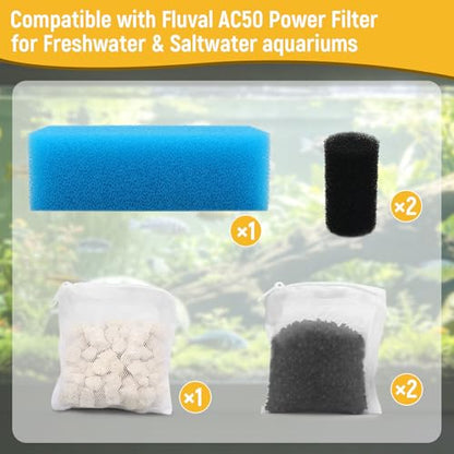 Big Peng AC50 Aquarium Filter Media Maintenance Kit Compatible with Fluval | Compatible with Aquaclear Power Filters,Includes 1 Blue Foam, 2 Activated Carbon, 1 BioMax Pellets, 2 Intake Strainer Sponge