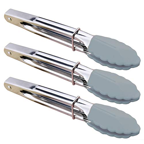 HINMAY 7 Inch Silicone Utility Tong Kitchen Tongs, Set of 3 (Gray) | 7 Inch Metal Salad Tongs - color: Gray