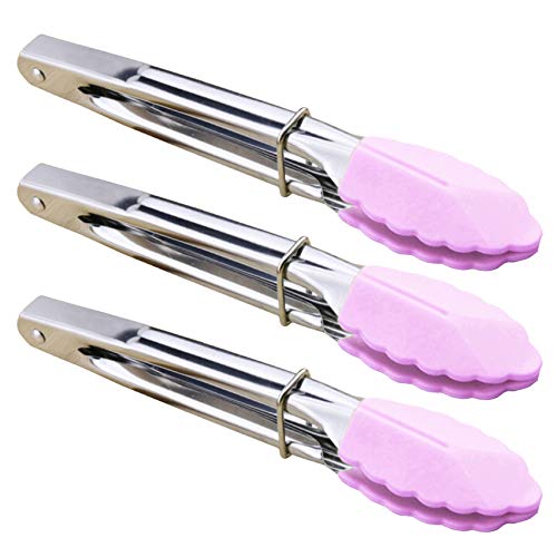 HINMAY 7-Inch Serving Tongs with Silicone Tips, Set of 3 (Pink) | 7-Inch Clam Shell Mini Tongs - color: Pink