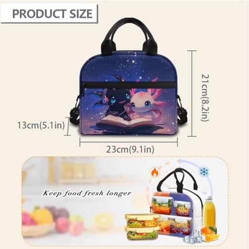Axolotl Kids Lunch Bag Girls Reptiles Lunch Box Outdoor Book Insulated Lunch Tote Bag Portable Lunch Containers Travel Camping Lunchbag with Shoulder Straps Galaxy Lunch Boxes - color: Axolotl Book Galaxy