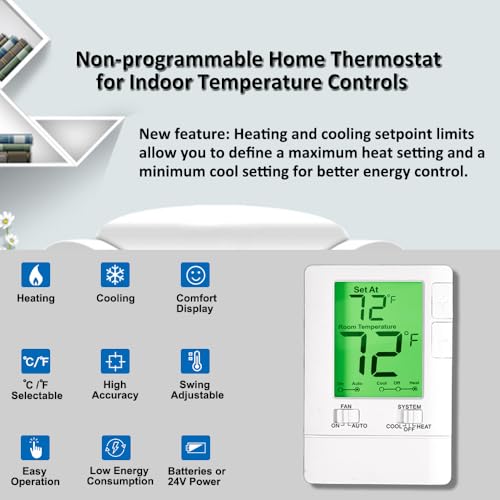 Digital Non-Programmable Thermostat for Home Single-Stage Systems, 1 Heat/1 Cool, Easy DIY Install, Green Backlight - color: Green