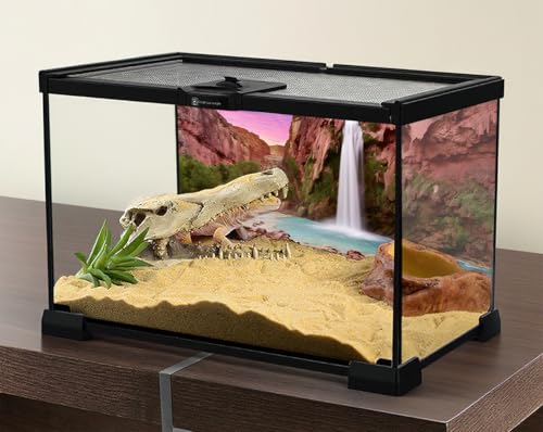 30X18 Inch Mountain Waterfall Sunset Vivarium Background - Natural Landscape Polyester Terrarium Backdrop for Reptile Habitat Decoration - size: 30X18in