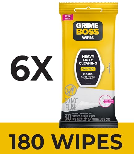 Grime Boss Heavy Duty Wipes (6 x 30ct) | Wet Wipes Used for Hands, Equipment, Tools, Garden, Automotive| Easily Removes Oil, Grease, & Dirt