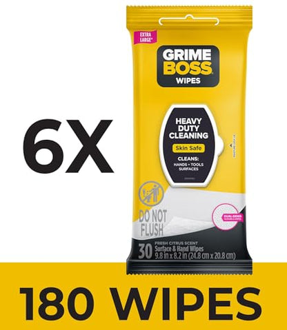 Grime Boss Heavy Duty Wipes (6 x 30ct) | Wet Wipes Used for Hands, Equipment, Tools, Garden, Automotive| Easily Removes Oil, Grease, & Dirt