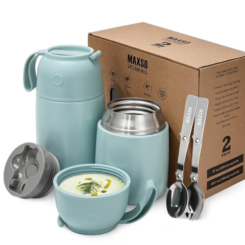 MAXSO 2 Pack Soup Thermo for Hot & Cold Food for Kids Adults, Vacuum Insulated Food Jar Thermal Lunch Containers, Travel Food Flask with Spoon (24 oz,17 oz) (Sage) - color: Sage