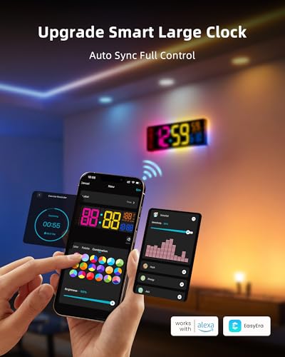 EASYERA Smart Digital Wall Clock App Control, 16.5” Large RGB Clock | DIY Color, LED Display, Auto DST, Plug-In, Music Sync | Classroom Home Gym Gaming