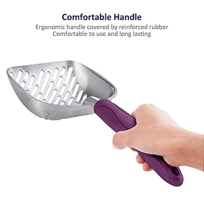 Cat Litter Scoop, Aluminum Alloy Sifter, Kitty Metal Scooper, Deep Shovel with Diagonal Sifting Hole, Long Handle, Kitten Poop Lifter for Litter Box, Medium Size, Violet Handle - color: #07 Violet, size: Medium