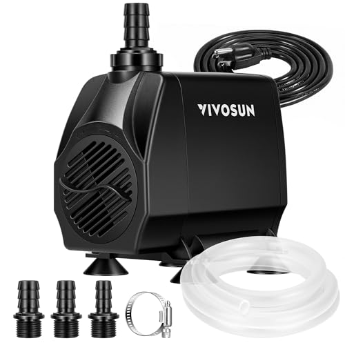VIVOSUN 1050GPH Submersible Fountain Water Pump for Aquarium, Hydroponics | 4000L/H 100W Aquarium Pump, Quiet Pump With 13.1 ft Head Lift, 6.6 ft Power Cord, 3 Nozzles, Tubing, & 2 Clamps - size: 8"×6"-1050