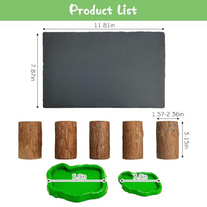 Bearded Dragon Basking Platform 3Pcs Reptile Basking Rocks with Wooden Pile Natural Lizard Hideout 2-in-1 Tortoise Tank Accessories for Leopard Geckos Ball Pythons Turtle (11.81×7.87inches) - size: Large