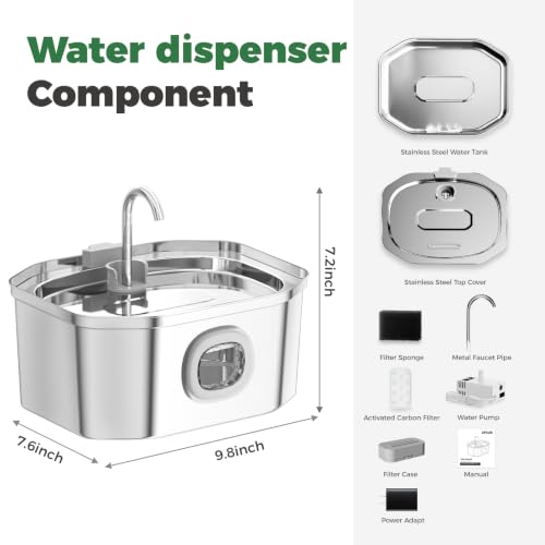 Cat Water Fountain, Apauk 108oz/3.2L Silent cat Water Fountain Stainless Steel, Cat Fountain, Automatic Pet Water Fountain,Dog Bowl, Controllable Blue Light - (2 Filters& 2 Sponges)