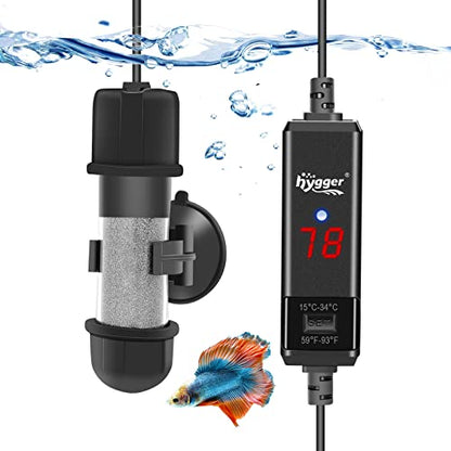 hygger Small Aquarium Betta Heater, Submersible Fish Tank Heater 10W/25W/50W/100W with LED Digital Display, Suitable for Marine Saltwater and Freshwater up to 5/10/16/26 Gallon - size: 10W