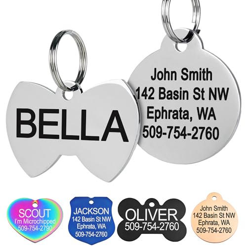 GoTags Stainless Steel Pet ID Tags, Personalized Dog Tags and Cat Tags | up to 8 Lines of Custom Text, Engraved on Both Sides, in Bone, Round, Heart, Bowtie and More (Bow Tie, Small (Pack of 1)) - size: Small (Pack of 1), style: Bow Tie