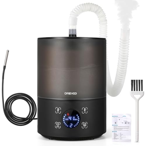 Dreyoo Reptile Fogger Humidifiers with Humidity Control, Top Fill Reptile Mister with Smart Touch LED Display, 3 Mist Levels, Auto Shut Off, Extendable Hose for Crested Frog Gecko Terrarium