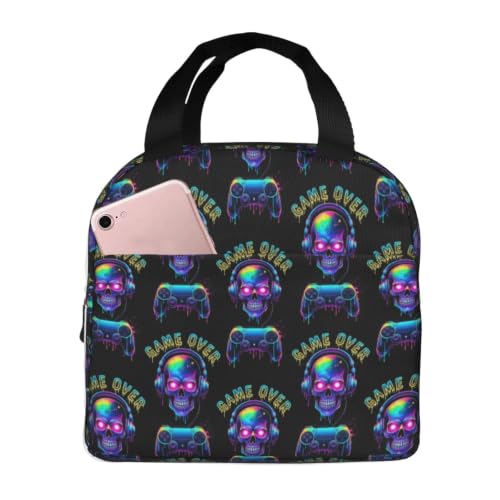 Women Skull Video Print Insulated Lunch Box Tote | Skull Video Game Over Print, Neoprene Hot & Cold Thermal Bag, Adjustable Strap for Hiking & Commute - color: Pattern (869)