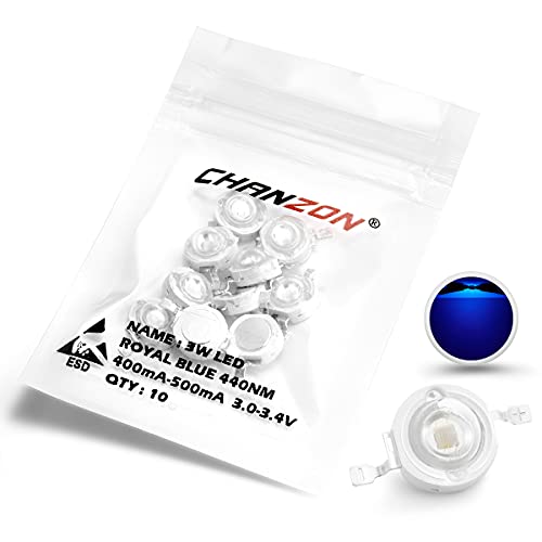 CHANZON 10 pcs High Power Led Chip 3W Royal Blue Plant Grow Light | (450nm / 400mA - 500mA / DC 3V - 3.4V / 3 Watt) SMD COB Emitter Diode Components for DIY Hydroponic Aquarium Growing Lamp - color: N) Royal Blue (440nm)