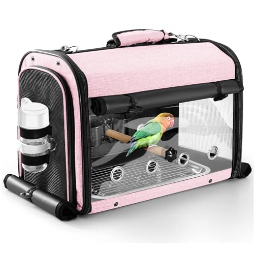 Bird Carrier Bag with Stand, Lightweight Backpack for Parrot, Portable Cockatiel Travel Cage with Accessories, Pet Transparent Breathable Carrier, Pink - color: Pink