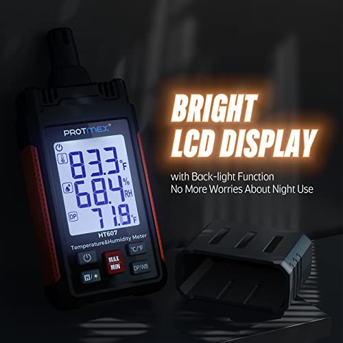 HT607 Temperature Humidity Meter - Large LCD Backlight with Cover Protector | High-Precision Digital Hygrometer with Ambient, Relative Humidity, Dew Point, Wet Bulb Thermometer, Min/Max Hold