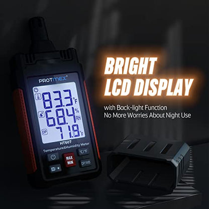 HT607 Temperature Humidity Meter - Large LCD Backlight with Cover Protector | High-Precision Digital Hygrometer with Ambient, Relative Humidity, Dew Point, Wet Bulb Thermometer, Min/Max Hold