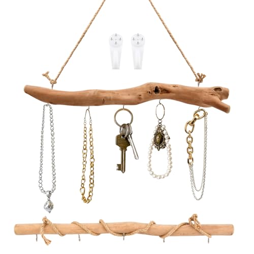 2Pcs 15 Inch Natural Driftwood Decorative Branches Farmhouse Home Wall Hanging Decor Hanging Jewelry Organizers with 5 Hooks Decorative Farmhouse Home Wall Decor