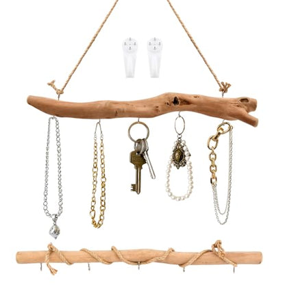 2Pcs 15 Inch Natural Driftwood Decorative Branches Farmhouse Home Wall Hanging Decor Hanging Jewelry Organizers with 5 Hooks Decorative Farmhouse Home Wall Decor