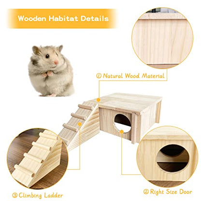Fhiny Wooden Hamster Hideout for Small Animal, Gerbils Chamber Hut with Ladder Habitats Decor, Maze Climbing Toys for Dwarf Syrian Hamsters Mice and Other Small Pets - size: 2-Chamber with Ladder
