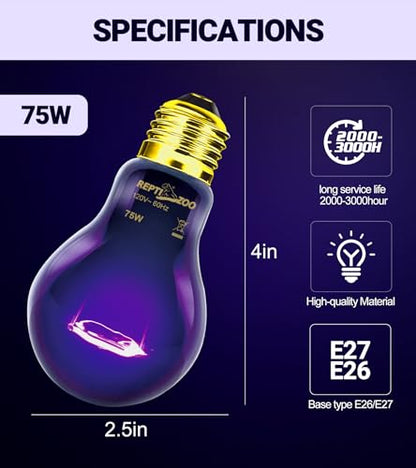 REPTI ZOO 75W Reptile Heat Lamp 2Pack Reptile Night Heat Bulb Night Heat Lamp Without UVA for Turtle Bearded Dragon Gecko Lizard and Snake E26/E27 Purple