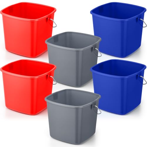 Zhehao 6 Pcs 3 Quart Bucket for Cleaning Small Sanitizer Bucket for Restaurant Square Plastic Pail with Handles for Home, Offices, Commercial Use, Food Service (Red,Dark Blue,Gray) - color: Red,dark Blue,gray