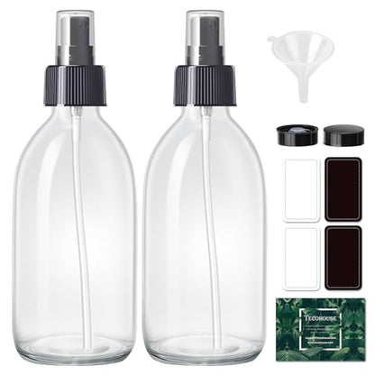 2 Pack Glass Spray Bottles 8.8 oz, 250ml Empty Spray Bottle(Black Nozzle) | Empty Glass Spray Bottles for cleaning, Plants, Pets, Hair, Labels, Funnel, Pipettes - color: 8.5 oz Clear-Black Lids