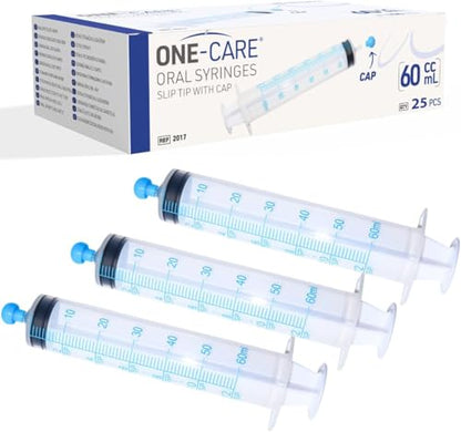 ONE-CARE 60ml Oral Syringe with Cap, Slip Tip Liquid Dispensers, 25/Box | Individually Wrapped, Food-Grade Plastic, Accurate Graduation for Precise Liquid Dosing, Oral Feed - Infants, Adults & Pets - size: 60ml