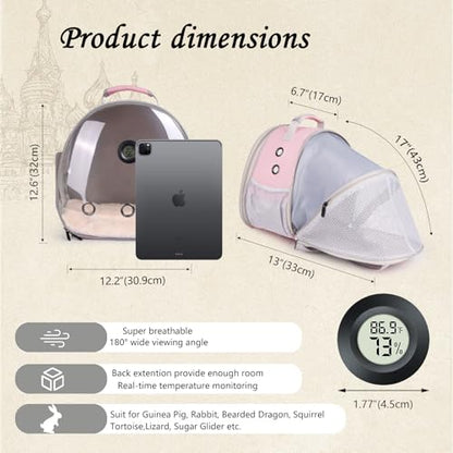 Back Extention Bearded Dragon Travel Backpack Carrier with Reptile Thermometer and Humidity Gauge Lizard Travel Cage Space Capsule Clear Bubble Window Astronaut Reptile Carrier Bag for Ball Python - color: Pink