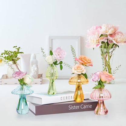 XXXFLOWER Glass Mushroom Vase Propagation Planter Window Plant | Crystal Hydroponic Mushroom Jars for Plant Cuttings Unique Glass Bud Flower Vase Indoor for Home Office Garden Decor - size: 4PCS Mushroom Vase