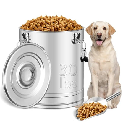 Stainless Steel Dog Food Storage Container,30LB/35LB Airtight Dog Food Storage Container with Lid to Keep Fresh,Easy Clean Large Pet Food Storage Container with Scoop for Cat Food,Chicken Feed,Rice - size: 30 LBS
