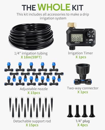 HIRALIY 59FT Drip Irrigation Kit with Water Timer, Quick-Connect | Garden Watering System with 15 Adjustable Misting Nozzles, 1/4 in Tubing for Greenhouse, Hanging Plants & Raised Beds - size: 59 feet