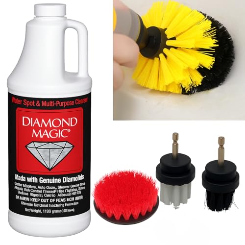 Hard Water Spot & Grime Remover Kit – Diamond Magic 40oz Cleaner + 4 Drill Scrub Brushes for Glass, Tile, Chrome, Fiberglass & More