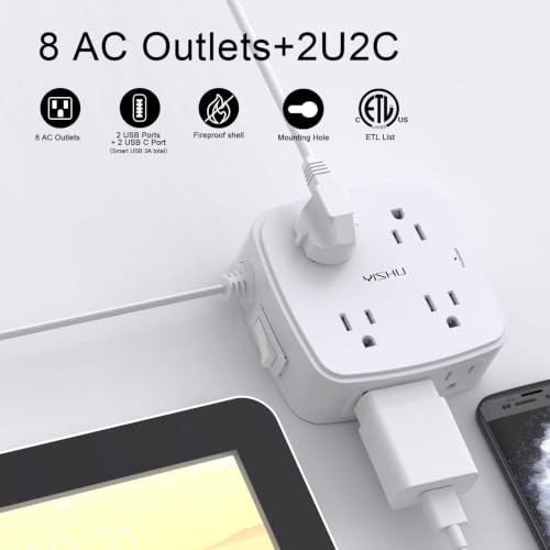 10 Ft Surge Protector Power Strip - YISHU 8 Widely Outlets with 4 USB Ports, 3 Side Outlet Extender with 10 Feet Flat Extension Cord, Ultra Flat Plug, Wall Mount, Desk USB Charging Station, ETL, White - color: White(Flat Cord), size: 10 Ft