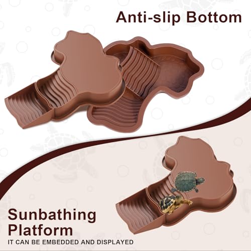 3PCS Tortoise Water Dish with Leaf Reptile Food Dish, Reddish | Anti-slip Reptile Bathing Pool with Ramp, Smooth Tortoise Water Dish Turtle Pool for Lizard Gecko Snake Frog Amphibians - color: Reddish Brown