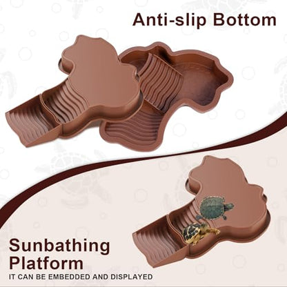 3PCS Tortoise Water Dish with Leaf Reptile Food Dish, Reddish | Anti-slip Reptile Bathing Pool with Ramp, Smooth Tortoise Water Dish Turtle Pool for Lizard Gecko Snake Frog Amphibians - color: Reddish Brown
