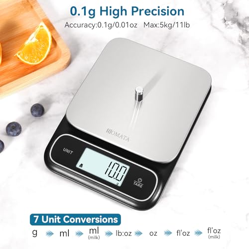 BOMATA Waterproof IPX6 Kitchen Scale with 0.1 g/0.01 oz High Precision | 5 kg/11 lbs, Digital Scale with Backlight, Stainless Steel Weighing Platform, for Food, Cooking,Baking,Weight Loss B619 Black - color: Black