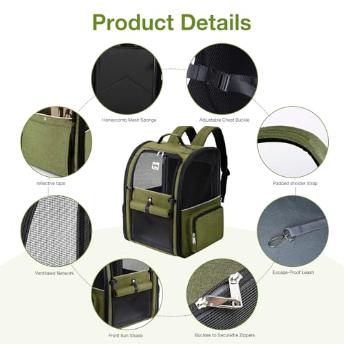 Large Cat Backpack Carrier Expandable Pet Carrier Backpack for Small Dogs Medium Cats Fit Up to 18 Lbs, Dog Backpack Carrier, Foldable Puppy Backpack Carrier for Travel, Hiking,Dark Green - color: Dark Green