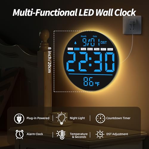 Maxstar Led Digital Wall Clock Blue, Battery Operated, Living Room Decor | 5-Level Brightness Digital Clock: Timer, Sec, Temp, Date, Auto DST, Nightlight, Alarm, Ideal for Class, Bed, Garage, Gym - color: Blue
