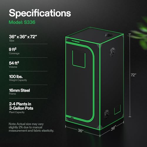 VIVOSUN S336 3x3 Grow Tent 36"x36"x72" Highest Reflective Mylar Tent | Easy View Observation Window & Removable Floor Tray, 100% Reflective Mylar Interior,Sturdy Metal Frame for Indoor Plants - size: 36"x36"x72"
